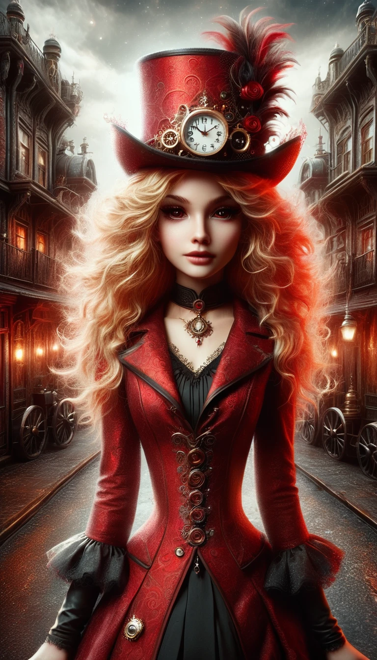 close-up, straight hair blonde short curly  girl the little red hat, clock on necklace, (Victorian era), ((steampunk)), cinematography, worked, elegant, meticulous, magnificent, maximum detail, extremely hyper-aesthetic, intricately detailed, lots of gears, old town background