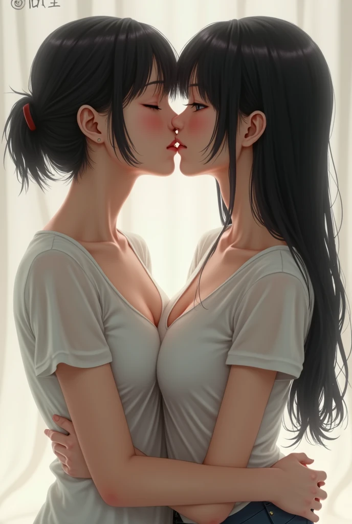 two  girls，angry look，equivalent height，In the classroom，Black and blonde hair，face each other and look at each other，hug each other，two bodies are close together，kiss、Picture of two people、Holding hands and facing each other、Photograph of two people facing each other、Push each other、Stick your boobs and boobs together、super huge boobs、very big breasts、super big breasts、skinny jeans、Zebra print bra