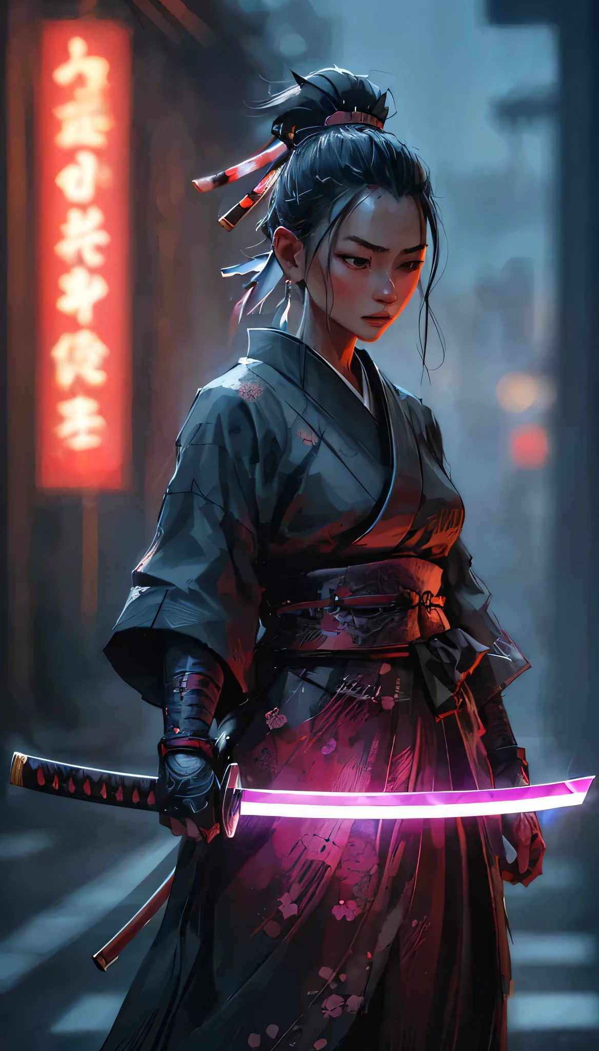 one girl, Samurai, 25yo woman, hyperrealism, very detailed skin, 4k,,, AshleyWoodArtAI,, katana profile picture, Organic Painting, night time, Matte Painting, bold shapes, hard edges, street art, trending on artstation, by Huang Guangjian and Gil Elvgren and Sachin Teng, Glow, katana, neon lights