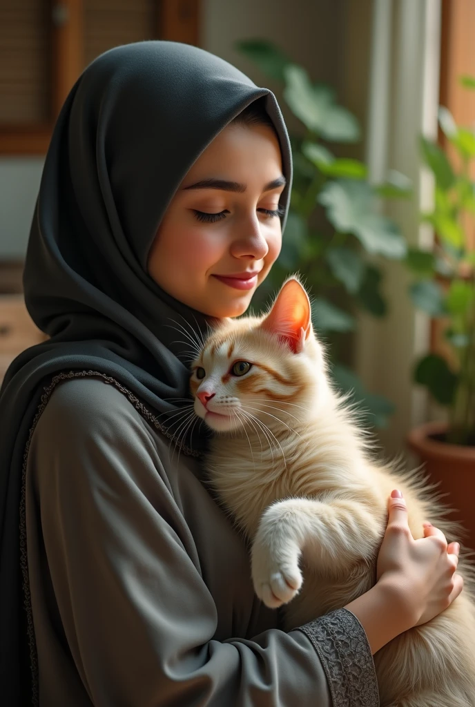 Photorealism beautiful tudung girl with a cute orange cat