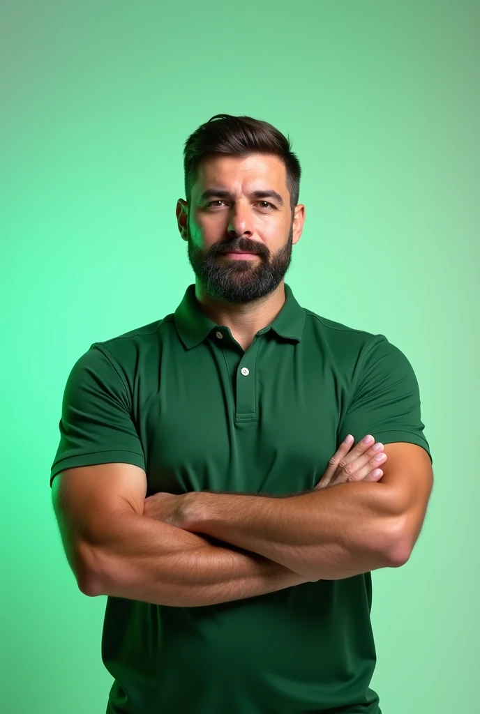 A confident man with short, black hair and a neatly trimmed, light beard faces the camera directly. He stands with his muscular arms, crossing his left arm while his right arm is extended, pointing towards the left side of the image as if directing attention to something off-frame. He wears a tight-fitting light green polo shirt that highlights his strong, bodybuilder-like physique, with no tattoos visible on his skin. His expression is calm and serious, exuding a composed and relaxed demeanor. The background is plain, keeping the focus entirely on the subject, and the image is highly detailed and polished, portraying him as a content creator or Twitch streamer who is also dedicated to fitness.