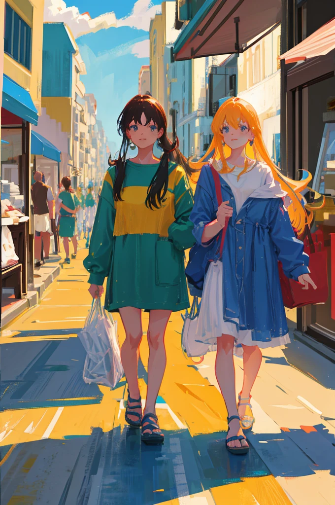 A woman walking with her friend on busy streets of brazil, in anime style realistic