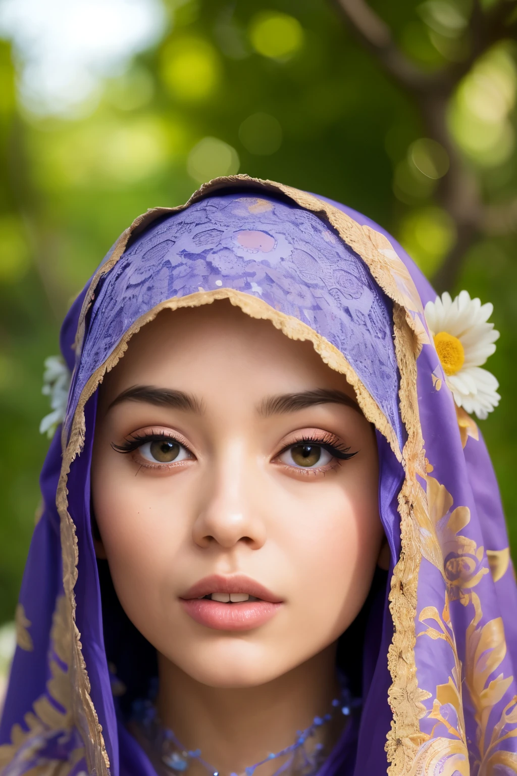 hijab, cultured embroidery, hijabi fantasy cosplay, cute Japanese teen, one piece lingerie body suite, lingerie accessories, beautiful model, cute,  thin body, skin tight, tight fit,, perfect body, narrow waist, (huge breasts) , leg stockings, dynamic pose, ((close up on face)), (round butt) on her knees ( looking up at viewer) (close up) ((bending over) mesh (back view) daylight, outside setting. She is laying on flowers, 