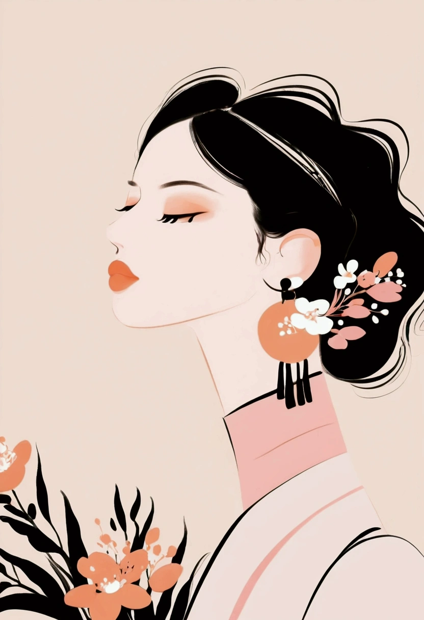 closed eyes, serene facial expression, flowers as hair accessories and background, simplistic hairstyle, black high-neck clothing, artistic and abstract style, matte texture, side-sitting pose, soft natural lighting, calm and tranquil atmosphere, minimalist color palette with pink, black, and peach tones, gentle shadows, delicate lines and shapes, digital illustration.