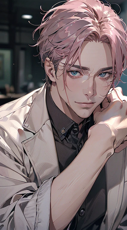 masterpiece, best quality, realistic, 1 man, mature man, quiet and charming young man, 31 years old, eyes closed, serious look, extremely detailed face, ((dark gray blue eyes)), ((short dark pink swept to the right ) hair)), [thick eyebrows], ((businessman)), cinematic lighting, posture dynamics