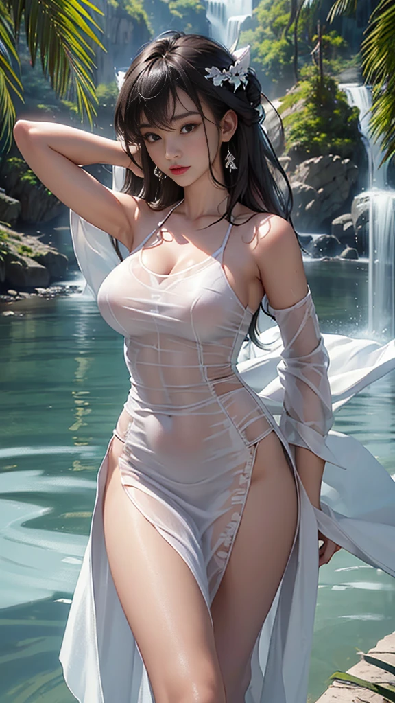 masterpiece, highest quality, (perfect face:1.1) , (high detail:1.1), dramatic, female triplets, breasts, white hair, red eyes, cleavage, long hair, curvy, large breasts, moon, see-through, night, dress, thighs, navel, white dress, laced choker, bare shoulders, wide hips, thick thighs, lips, covered, laced robe, pelvic curtain, laced pelvic curtain, toned pelvis, toned hips, milky hips, navel piercings, body piercings, huge breasts, muscles, big biceps, thigh muscles, bruised knees, white Heels, white sandals, body piercings, Chun Li thighs, neck chains, castle, detailed background, art by artgerm and greg rutkowski, cinematic lighting