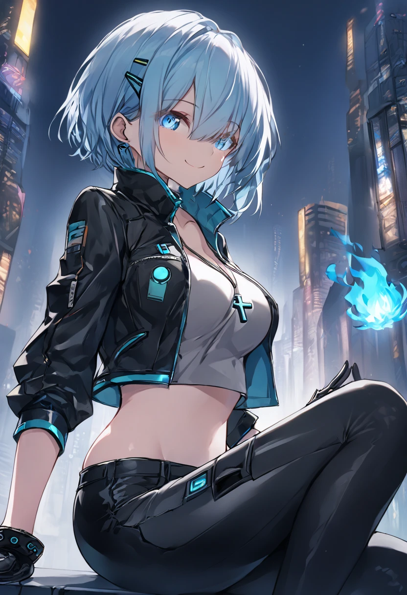 (uncensored), score_9, score_8_up, score_7_up,source_anime, high quality, exceptional, best quality, perfect hand, 1 girl, (solo), side view, detailed face, detailed eyes, (smile), ((her right eye is glowing, blue fire)), (((short hair))), (dark), ((grey crop top)), ((black g-string panties)) , (middle size breasts), ((designed black jacket)), (((black tight pants))), ((leather gloves, her hand have neckless of cross)), ((sitting on the edge of a building, night)), hatsune miku, no hair clip, thin light blue hair, blue eyes visible through hair, glowing eye, (cyberpunk), cyberpunk near future city, a lot of building