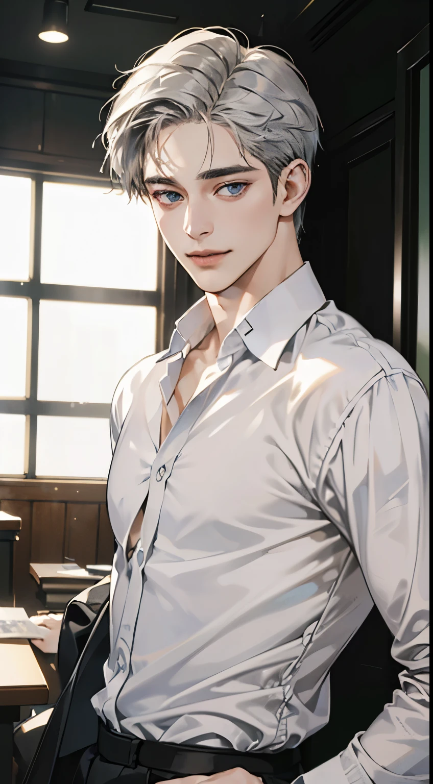 Anime guy with grey hair and blue eyes in a white shirt - SeaArt AI