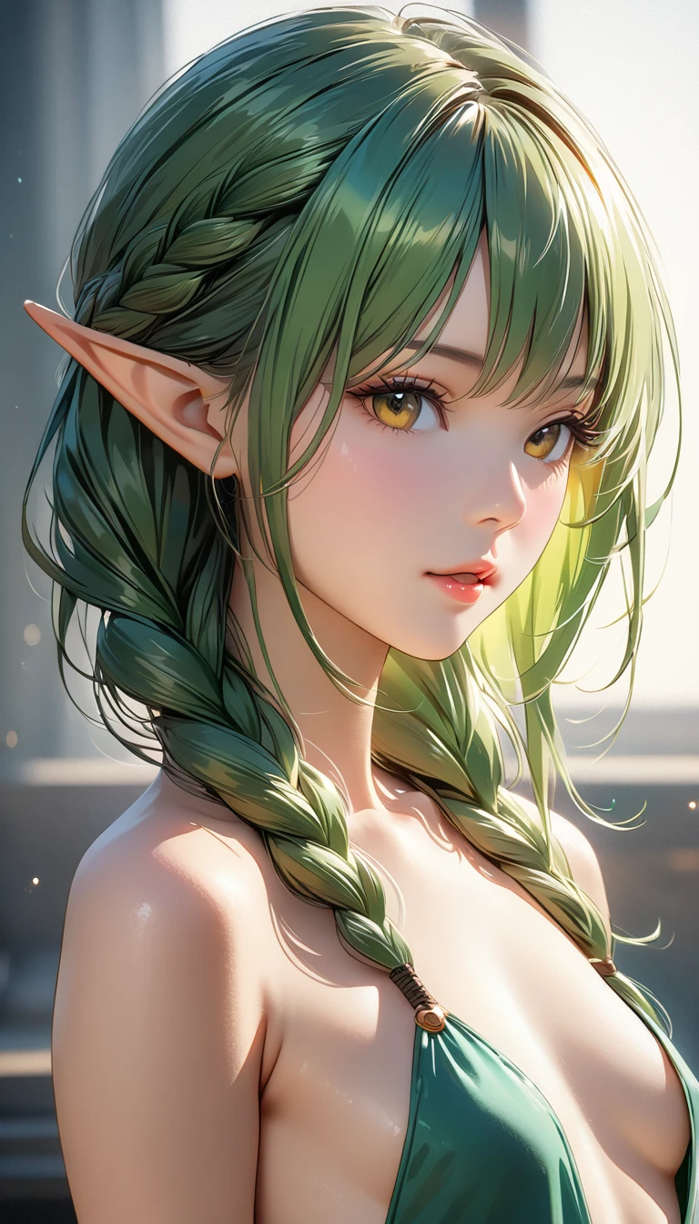 (masterpiece,best quality, 16K portrait, UHD, extremely detailed the work, detailed beautiful face and skin and hair) 
BREAK (ultra realistic photo graphic style) 
BREAK (1 elf_girl,small breasts,slender body,thin thighs),(hair:light green colored,medium,braid intricately) 