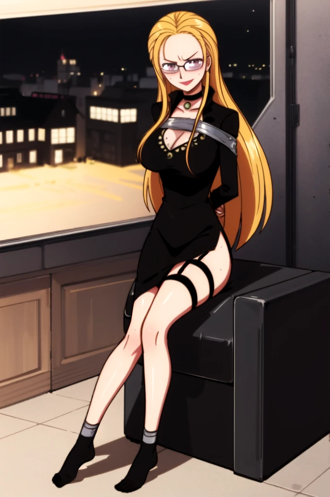 masterpiece, best quality, looking at viewer, facing viewer, nice hands, perfect hands, (night:1.3), low key, excited, (blush), seductive smile, wide windows, living room, wanostyle, solo, 1girl, kalifaop, kalifa_\(one_piece\), blonde_hair,  black dress, microdress, huge_breasts, glasses, sit on a chair,5 toes, tied ankle together, tied arms behind back , Focus full body , with no shoes , brown_eyes, purple_eyes,  garter_straps, lips, choker, long_sleeves, thick_thighs, skindentation, adjusting_eyewear, 