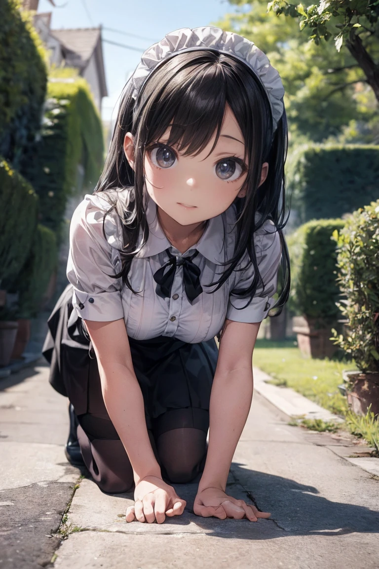 (masterpiece), Princess,2 Maid,Princess,sisters,black hair,small breasts,noble polka dot underwear, long skirt,sit,squat,Natural light, realistic, diffused light, look up from below,vapor, (lift skirt), (urination), Pigtails,lace stockings 1,Luxury Long Dress,embarrassing red face,,Weeding in front of the flower bed in the garden,satin fabric,See-through