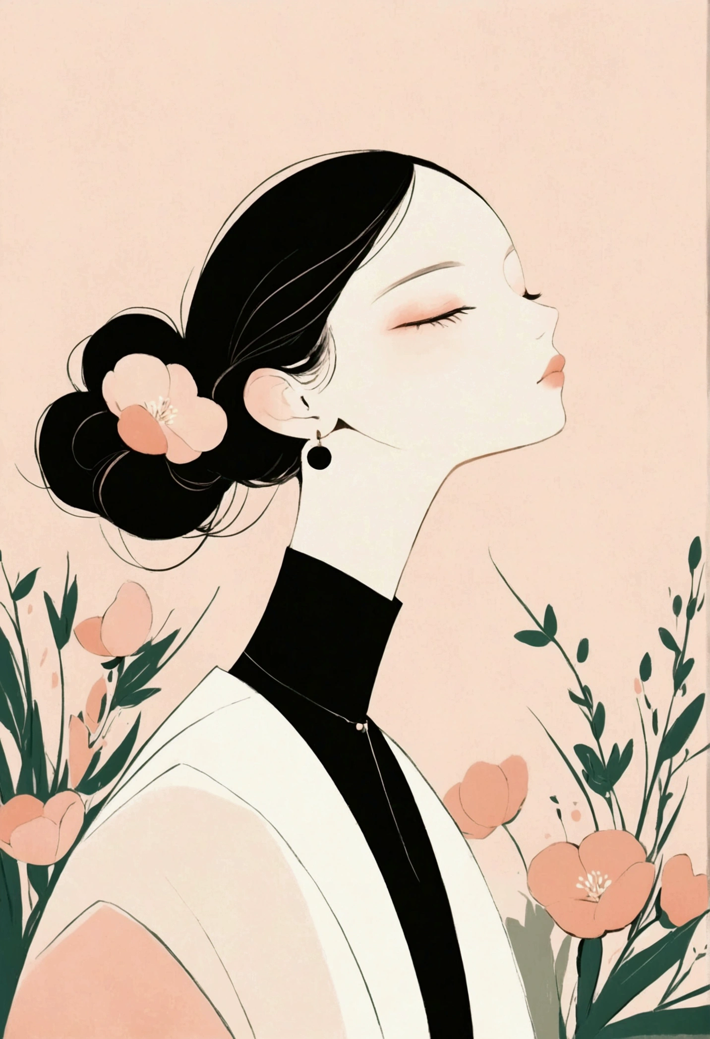 closed eyes, serene facial expression, flowers as hair accessories and background, simplistic hairstyle, black high-neck clothing, artistic and abstract style, matte texture, side-sitting pose, soft natural lighting, calm and tranquil atmosphere, minimalist color palette with pink, black, and peach tones, gentle shadows, delicate lines and shapes, digital illustration.