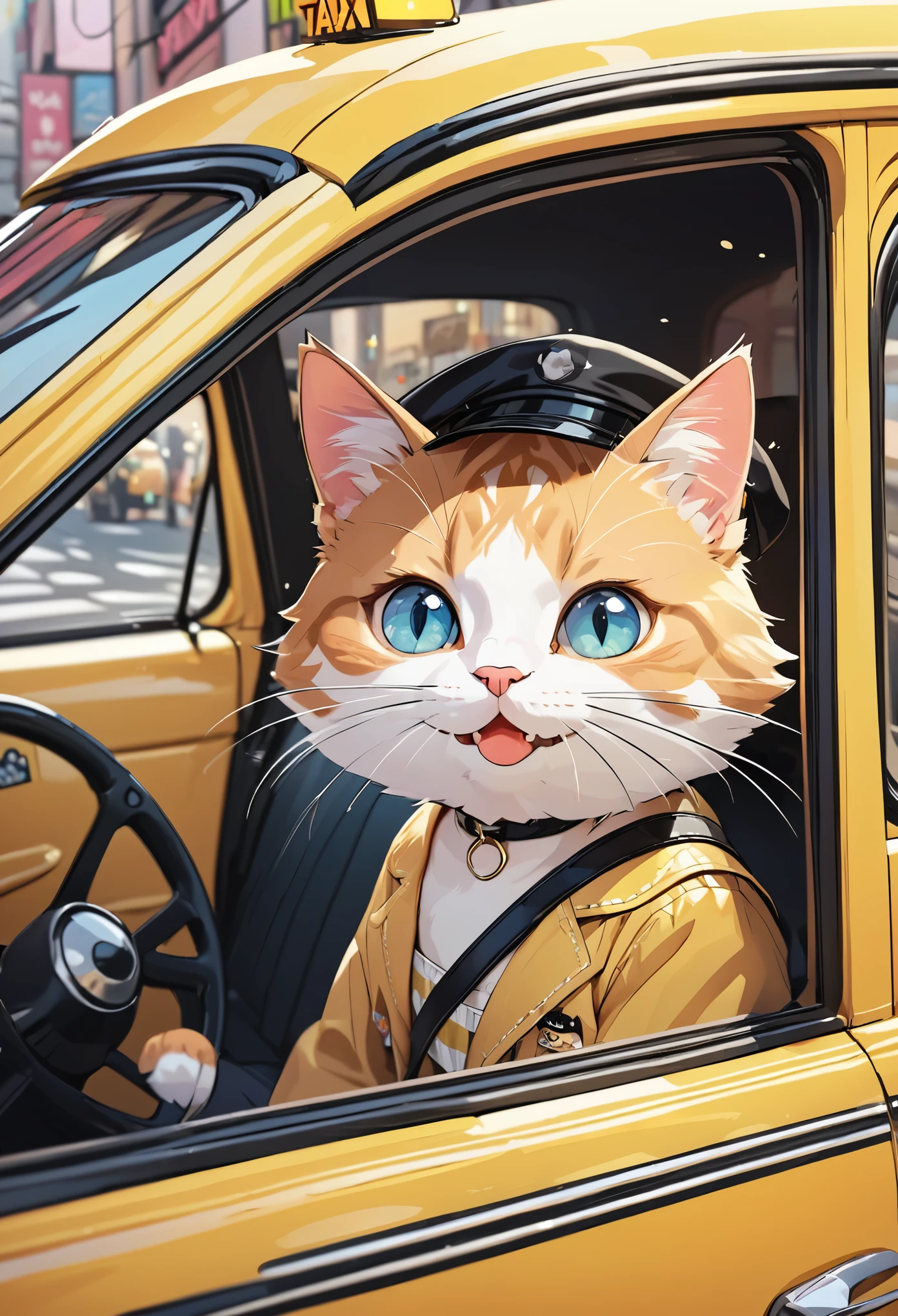 masterpiece, top quality, best quality, a on the road , a kawaii cat, in the taxi driver