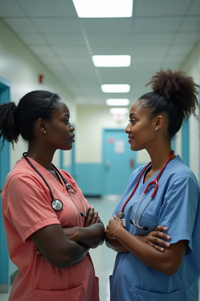 Generate image of African Igbo maternity in the nurse staff room an igbo nurse of about 35years old stabs scissor from the tray during a confrontations and heated arguments at an igbo old midwife woman of about 50years with