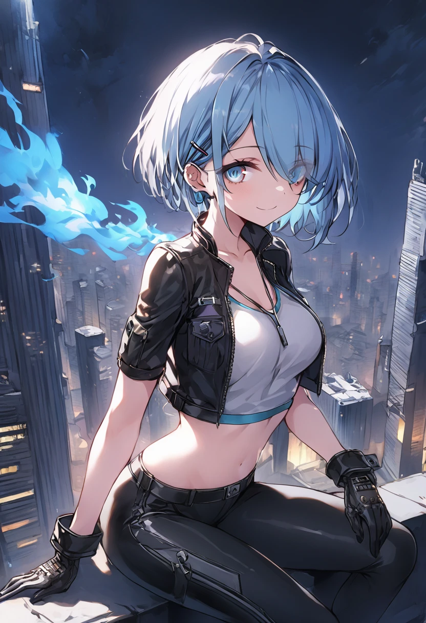 (uncensored), score_9, score_8_up, score_7_up,source_anime, high quality, exceptional, best quality, perfect hand, 1 girl, (solo), side view, detailed face, detailed eyes, smile, ((her right eye is glowing, blue fire)), (((short hair))), (dark), ((grey crop top)), ((black g-string panties)) , (middle size breasts), ((designed black jacket)), (((black tight pants))), ((leather gloves, her hand have neckless of cross)), ((sitting on the edge of a building, night)), hatsune miku, no hair clip, thin light blue hair, blue eyes visible through hair, glowing eye, (cyberpunk), cyberpunk near future city, a lot of building