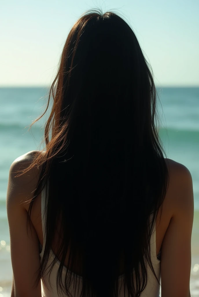 A photo of a real girl from behind  , open black haired  girl, hair flying in the wind , standing infornt of ocean or beach 
