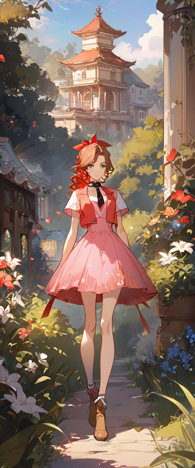 masterpiece, best quality, 8k, 4k, 1girl, aerith gainsborough, brown hair, high middle bang, longer side curly bang, long tight curly ponytail, green eyes, red hair ribbon, red bolero jacket, short sleeve jacket, cropped jacket, black tie choker, long pink straight dress, brown boots, bangles, walking in a garden, flowers, detailed background,, inspired by Asukaziye artist : ask, art style : ask