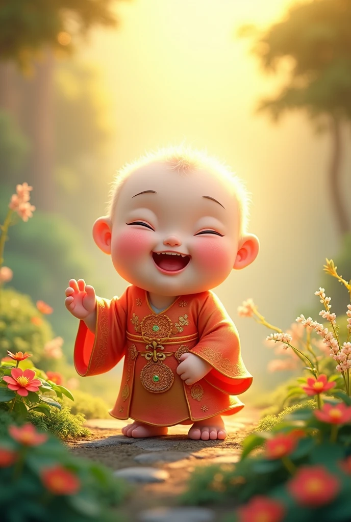 cute big breasts,1boy,little monks,bald-headed,Stand in the sun,ssmile,Leaking teeth,The is facing the screen,Enjoy a lovely spring outing surrounded by beautiful flowers and nature。The illustration is a high-definition illustration in 4K resolution,Visual features with highly detailed facial features。