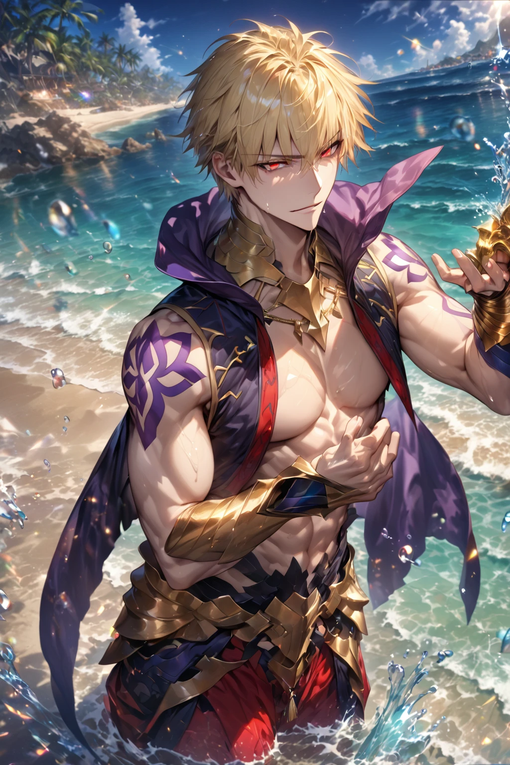 absurdres, highres, ultra detailed, HDR) master piece, best quality, extremely detailed, detailed face, detailed eyes, delicated features, defined appearance, Gilgamesh, blonde hair, short hair, expressive red eyes, Fate Grand Order, solo, sexy man, handsome, sensual, adult face, cropped dark blue vest with high collar, sleeveless, necklace, purple shoulder tattoo, toned chest, one single golden gauntlet, water, beach, sea, blue sky, fantasy, magical 