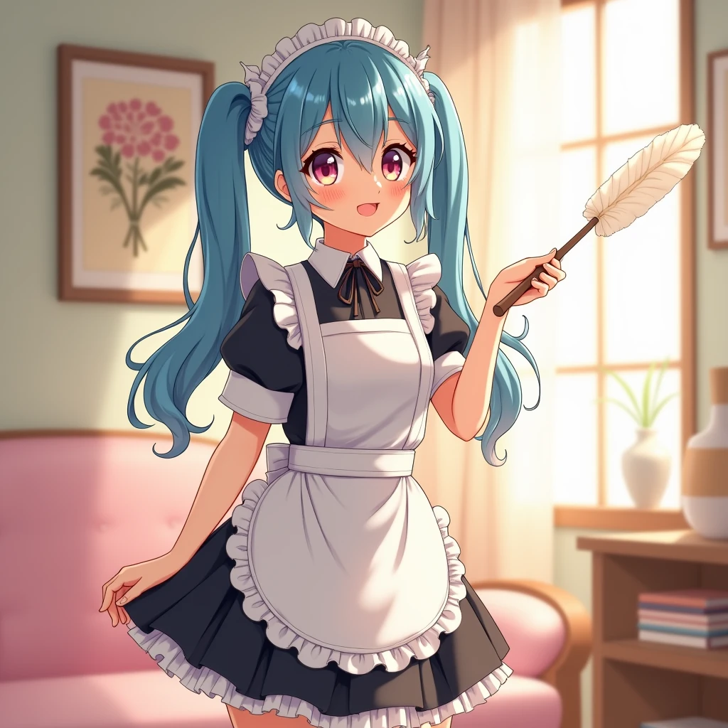 (My little pony), anthro, ((turquoise to white hair gradient)), (white body), red eyes, medium breasts, red lips, perfect lines, beautiful quality, room, ((very shy pose)), ((maid costume)), mage hat, radiant light, white stockings, black panties under clothes, big ass, front view, black bra under clothes,