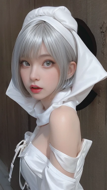 A pretty girl, beautiful detailed eyes, beautiful detailed lips, extremely detailed eyes and face, long eyelashes, elegant, graceful pose, serene expression, soft natural lighting, highly detailed, 8k, photorealistic, cinematic lighting, intricate details, masterpiece,Highres fix,Portrait,School uniforms,Bright expression,Younger,brighter, whiter skin,Gloss Face,Cheek gloss,Best Looks,(Platinum silver short hair:2.0),Shiny bright hair,silky hair,charming big clear blue eyes,dorropy eyes,cutei eyes,Very beautiful,lovely girl,cute girl,perfect breasts