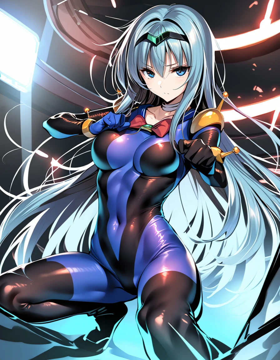 Neck ribbon,Perfect hands, Perfect Fingers,Perfect Anatomy, masterpiece, Best Quality,Anime Style, 16K HDR,(One girl:1.4), ,Blue Hair, Straight Long Hair,mobile trace suit, shoulder armor(Red and blue bodysuit:1.4),Sexy pose, whole body, cockpit,(Emotionless:1.6,Rape Eyes:1.5),Metal Color,