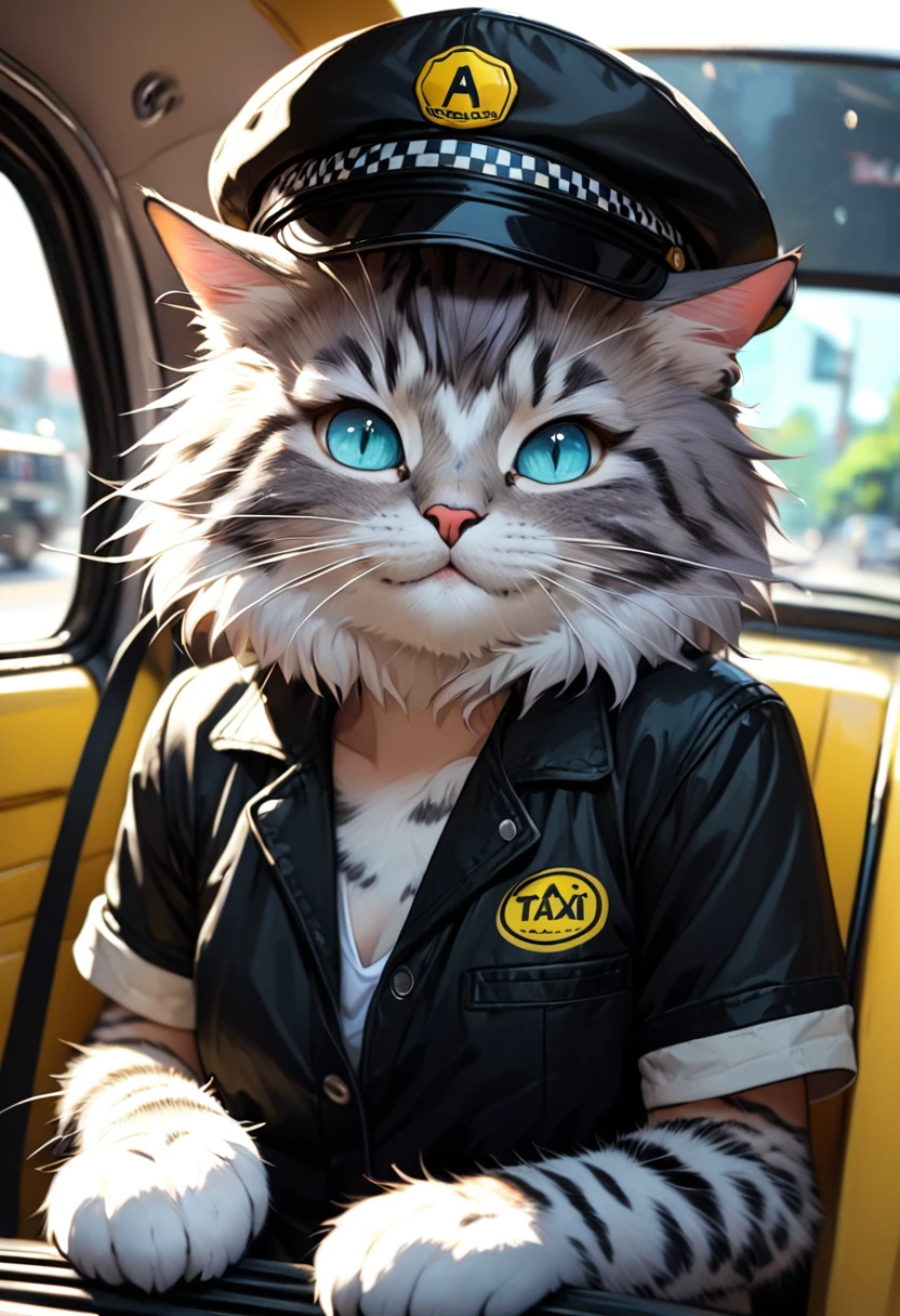 masterpiece, top quality, best quality, a on the road , a kawaii cat, in the taxi driver 