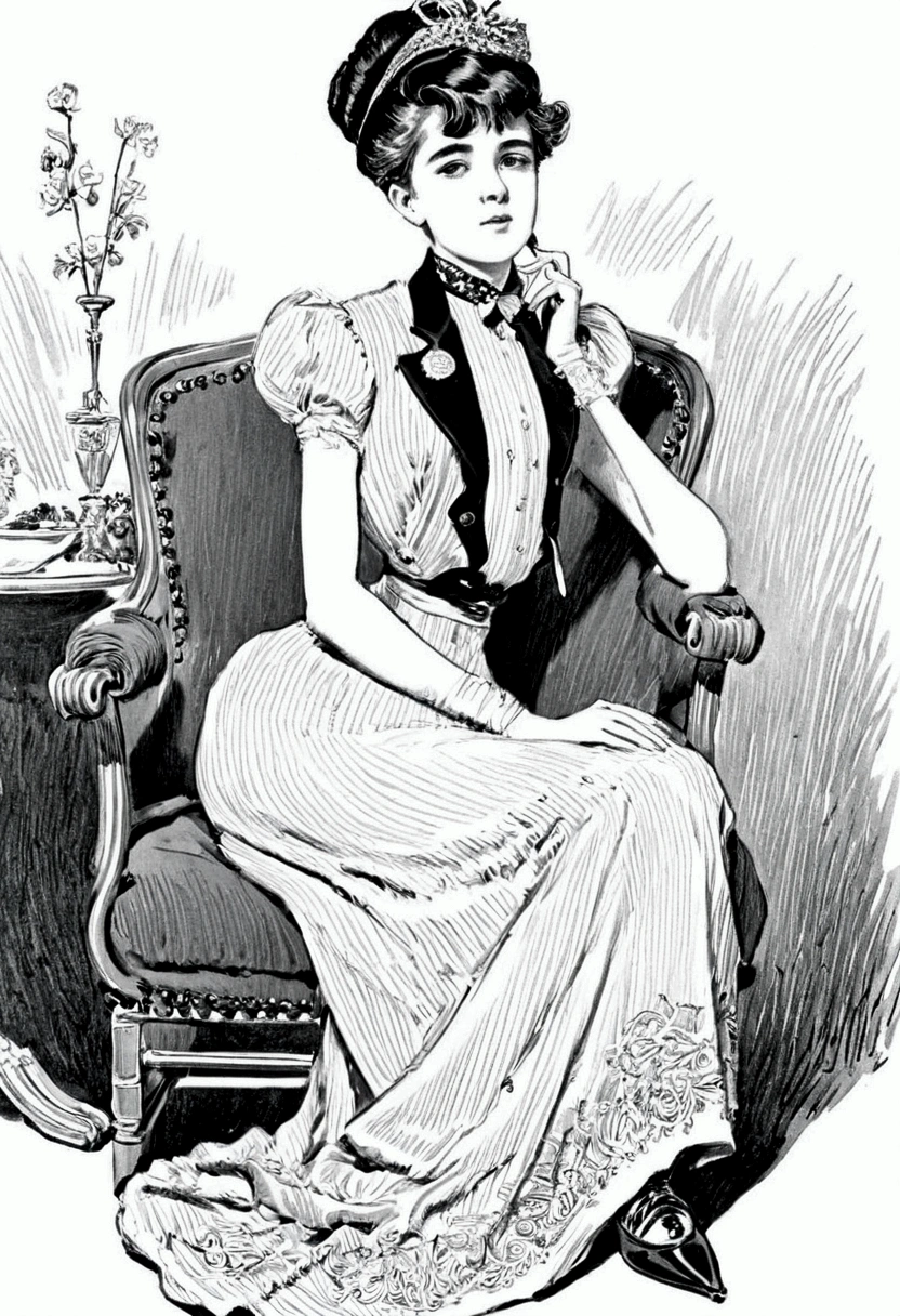 portrait of a gorgeous 14yo girl sitting in a chair surrounded by elderly suitors, by Charles Dana Gibson. Year 1905. 1905_dr3ss. Girl wearing a fashionable Edwardian outfit, hourglass figure. Men wearing dinner suits