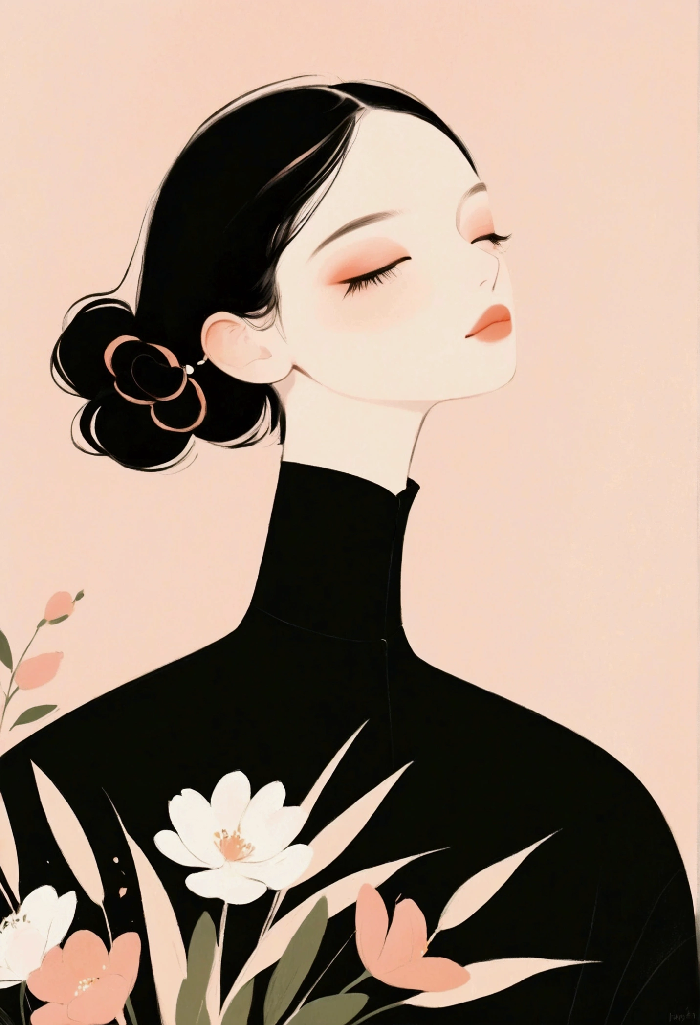 closed eyes, serene facial expression, flowers as hair accessories and background, simplistic hairstyle, black high-neck clothing, artistic and abstract style, matte texture, side-sitting pose, soft natural lighting, calm and tranquil atmosphere, minimalist color palette with pink, black, and peach tones, gentle shadows, delicate lines and shapes, digital illustration.