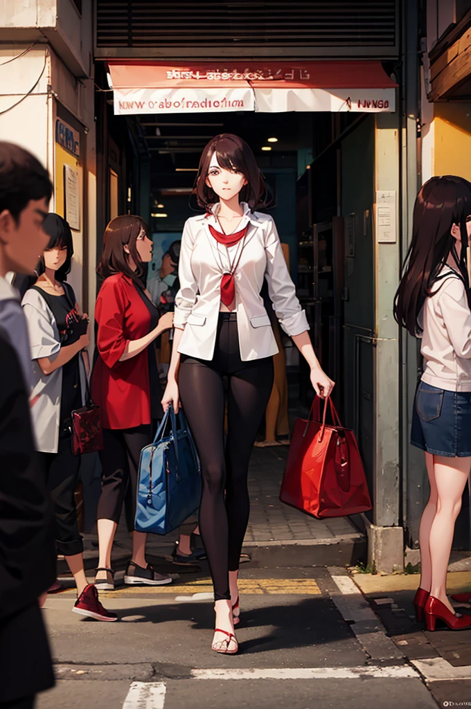 A woman walking with her friend on busy streets of brazil, in anime style