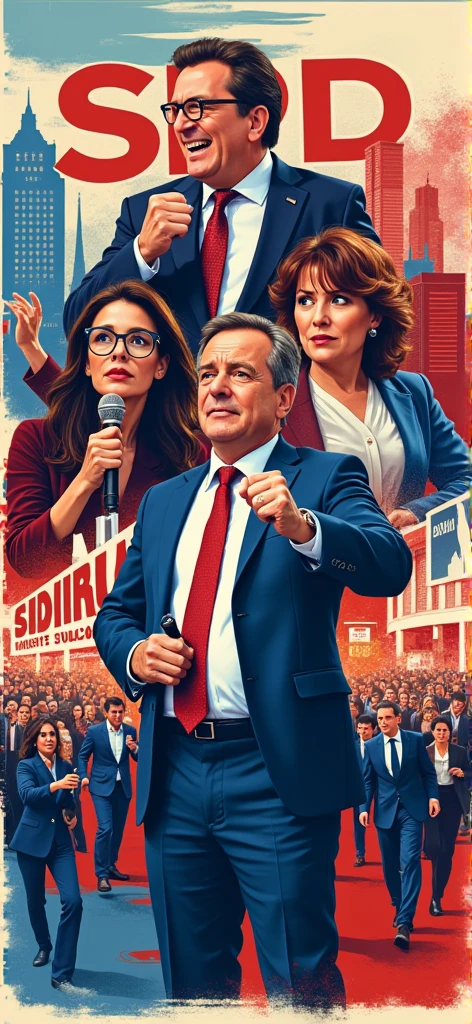 High quality, 1990s sci-fi movie poster, titled “Madam President” in bold large Yellow text, the tagline in smaller text “Saving the Union, One State at a Time.” Center is ((Cecily Strong)), chin up, looking down, thick body, arms crossed, broad shoulders, wide hips, long straight hair, formal suit, (plunging neckline), hands grasping her open shirt, behind her are five varying size headshots of other diverse ethnicity actors staggered, background is White House burning, American flag waving