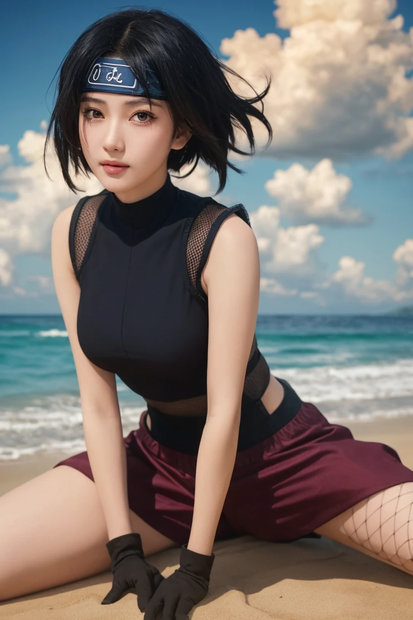 Anna is an anime character, short black hair, brown eyes and busty, In this anime she is wearing a black high-neck dress, in a landscape by the sea