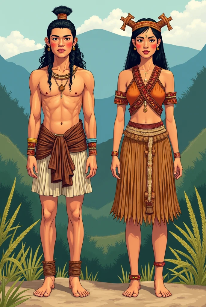 Indigenous couple, one man and one woman, (whole body), (fully body), gorgeous  woman, darkskin, skin black, seminua, (breasts showing), tribal,  woods, good resolution,  quality image.