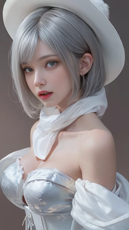 At the bedside, white hair, beret, red eyes, shy, ear blush, bright pupils, cheek pinching, facing another, first-person view, anime, anime style, highres --auto