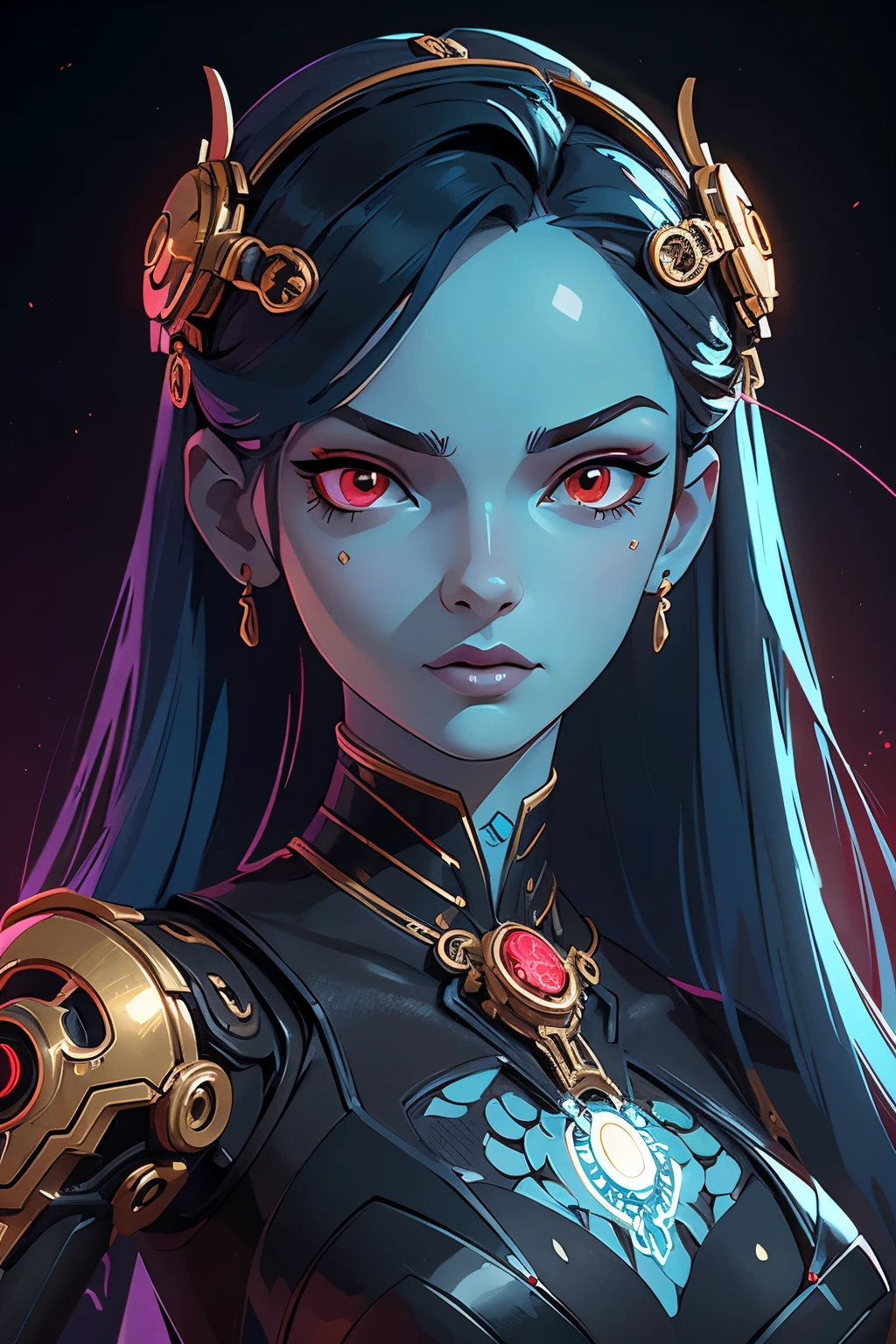 This is an artistic digital illustration portraying the bust of a female figure with cybernetic enhancements and an elaborate mechanical headdress. The figure's facial expression is passive yet intense, with striking red eyes and blue makeup accentuating her features against the contrasting cool metallic tones of the machinery. Rich in detail, the artwork blends organic and mechanical aesthetics, combining smooth human skin with intricate gears, wires, and dripping.