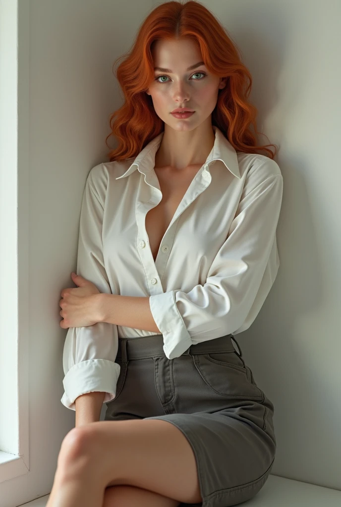 a photo of a seductive woman with loose styled redhead hair, posing in dark studio, she is wearing Button-up Shirt and Trousers, intricate details, goosebumps, flawless face, shy, prude, (light freckles:0.9), ((photorealistic):1.2), raw