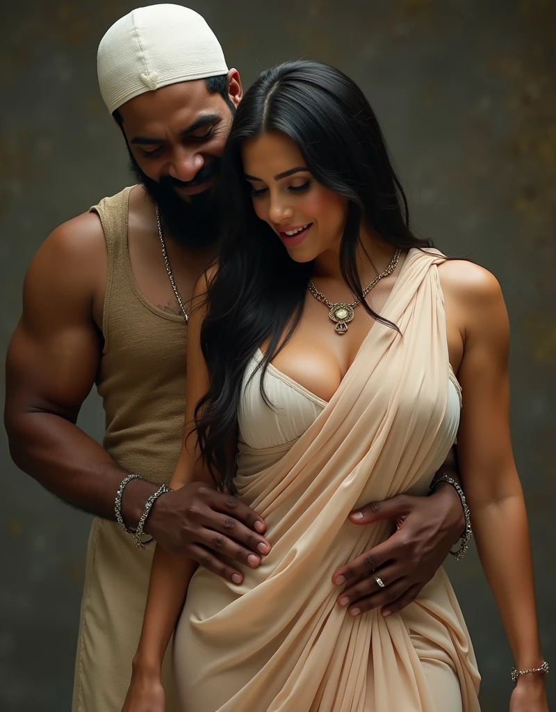 A photorealistic portrait of a 30-year-old white skin Indian girl beauty adorned in Indian traditional skirt, only wearing blue plaited skirt,no top,topless woman,big tits showing,highlighting her beautiful , nipples, radiating elegance and charm with her gorgeous features, big breasts, all captured in stunning detailed.with black muscular African naked man, they are hugging in garden park
