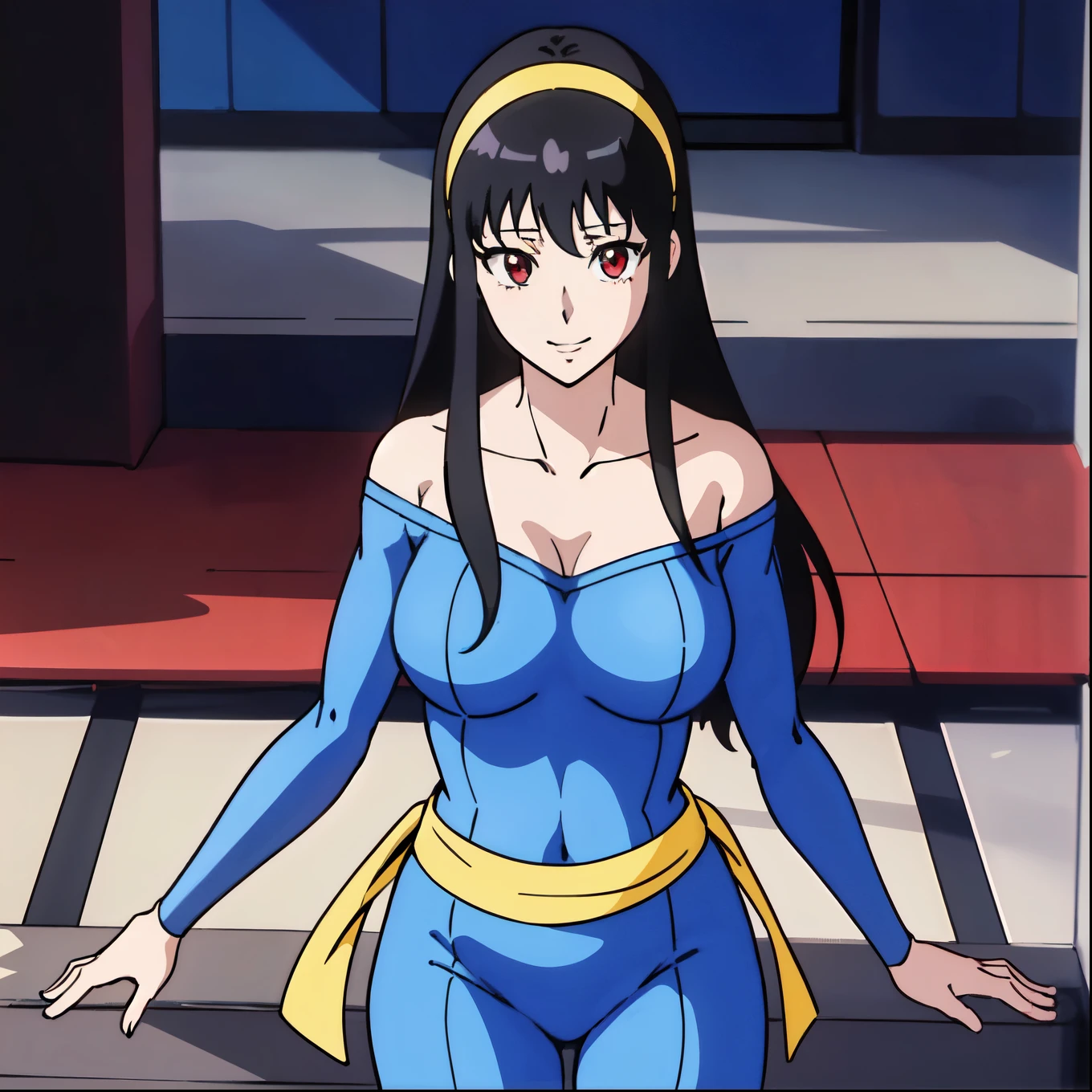 masterpiece、Best Quality、Anime Women、Alone、Watching the audience、laugh at、Long Hair、Black Hair、eyelash、Red Eyes、bangs、Hairbands、Big Breasts、A woman with very large breasts、collarbone、Blue bodysuit、Off the shoulder、Long sleeve、Yellow sash、