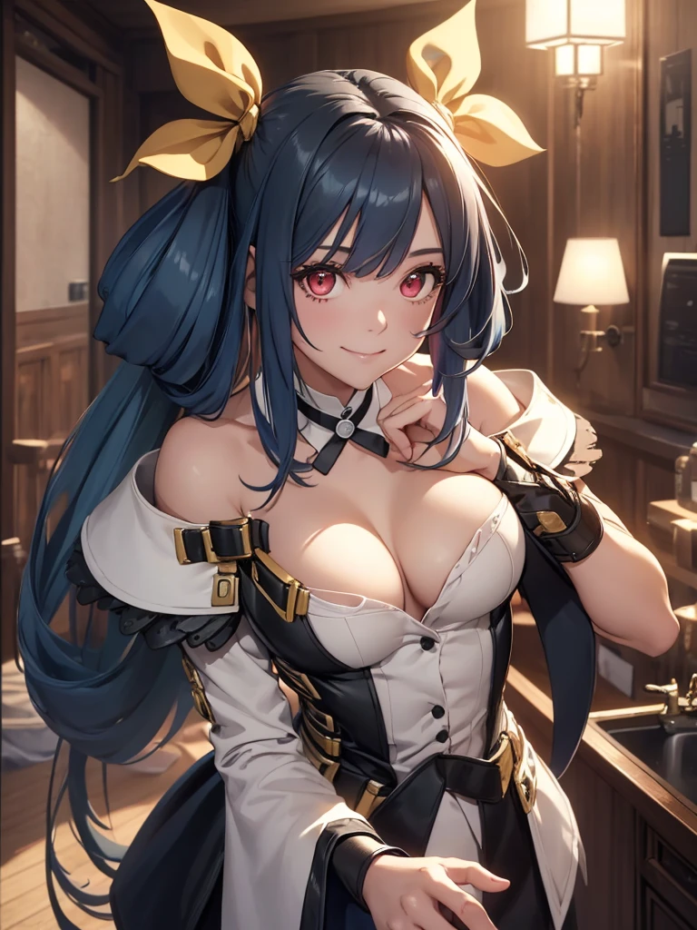 (​masterpiece、top-quality、hight resolution、Unity 8k、extremely details CG:1,Best Picture), solo, ggdizzy, hair ribbon, tail, tail ornament, ((whore)), Create an image of a seductive woman gazing intently at the viewer with a captivating and alluring expression. Her eyes are half-lidded, and she has a slight, knowing smile that suggests mystery and attraction. The lighting emphasizes her features, casting a warm glow on her face while leaving subtle shadows that enhance the intensity of her gaze. 