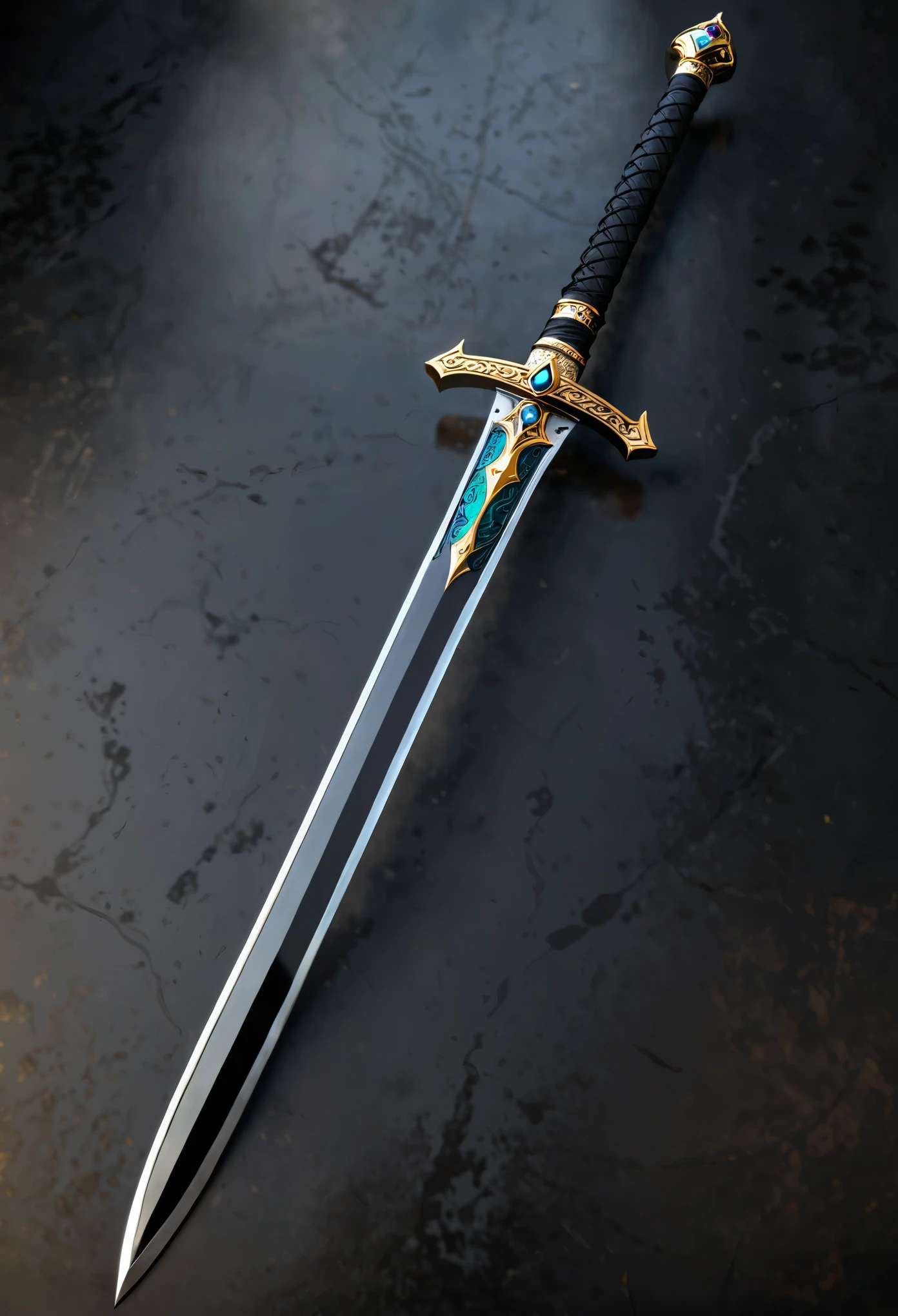 photorealistic fantasy-style image of a beautiful long sword, black metal sword blade with gold runes and two-handed platinum and gemstone handle