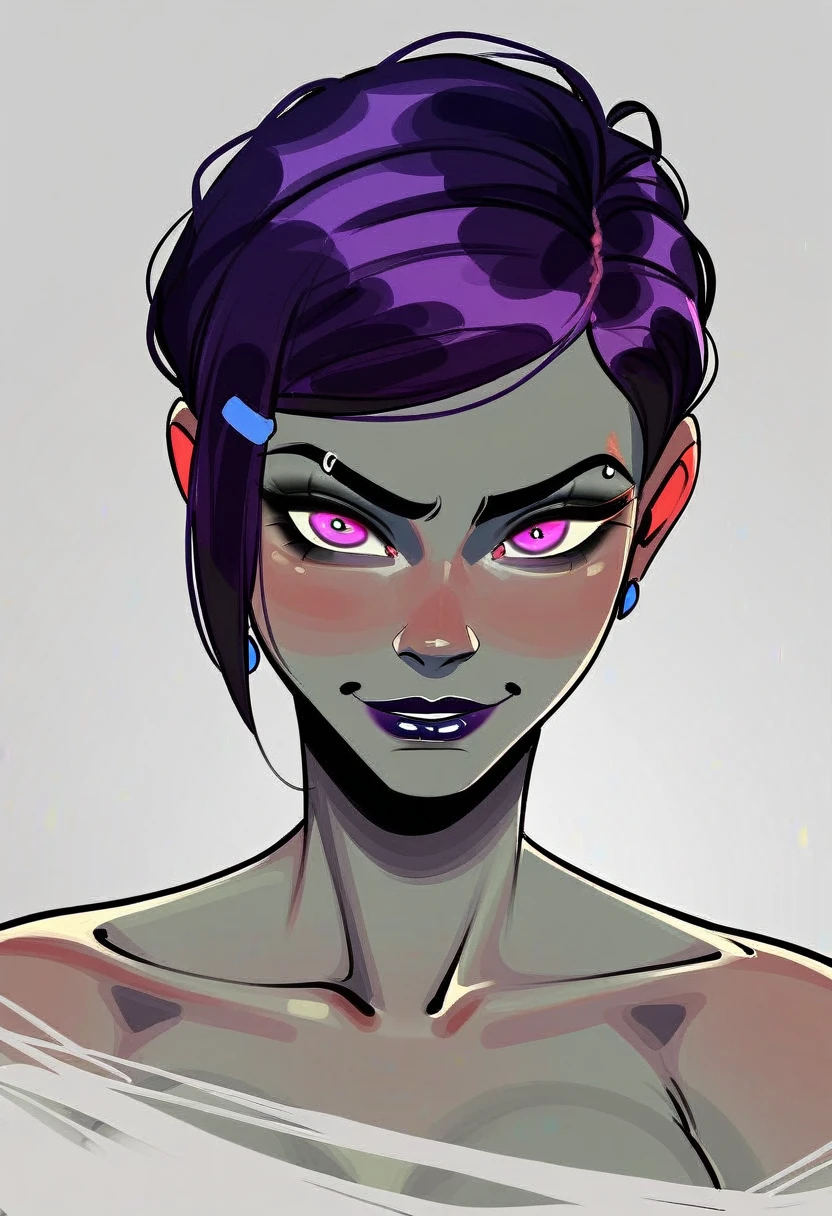 age zombie girl, tall and muscular with greenish skin, black hair with long white streaks and curly style
Con una cara rectangular frente amplia con cejas pinladas busto mediano y caderas grandes y con cicatrices al rededor de la piel
Dressed in purple vintage erotic Lingerie
(((character sheet))) ((various views)) ((front and back) (Face detail) (full body)