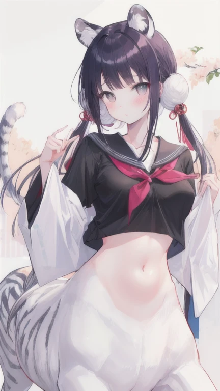 (best quality, masterpiece), 1 girl, centaur, I beg, White skin, Japanese schoolgirl,daughter,black pink, exposing the abdomen, belly button t-shirt , beautiful girl perfect, White tiger photo, 완벽한 White tiger photo