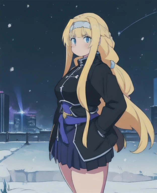 ((best quality, 4k, 8k, anime girl, masterpiece)), (((beautiful extremely detailed face))), ((beautiful eyes)), cinematic lighting, perfect anatomy, ((alice synthesis thirty)), (((chubby))), (((black coat, skirt, JK uniform))), (full body view), ((blonde, glowing hair, very long hair, brade, headband)), neon lighting, (((ssbbw))), ((((wide waist)))), fully clothed, (lightning, snow, neon city), ((((front view)))), ((standing still)), low angle,