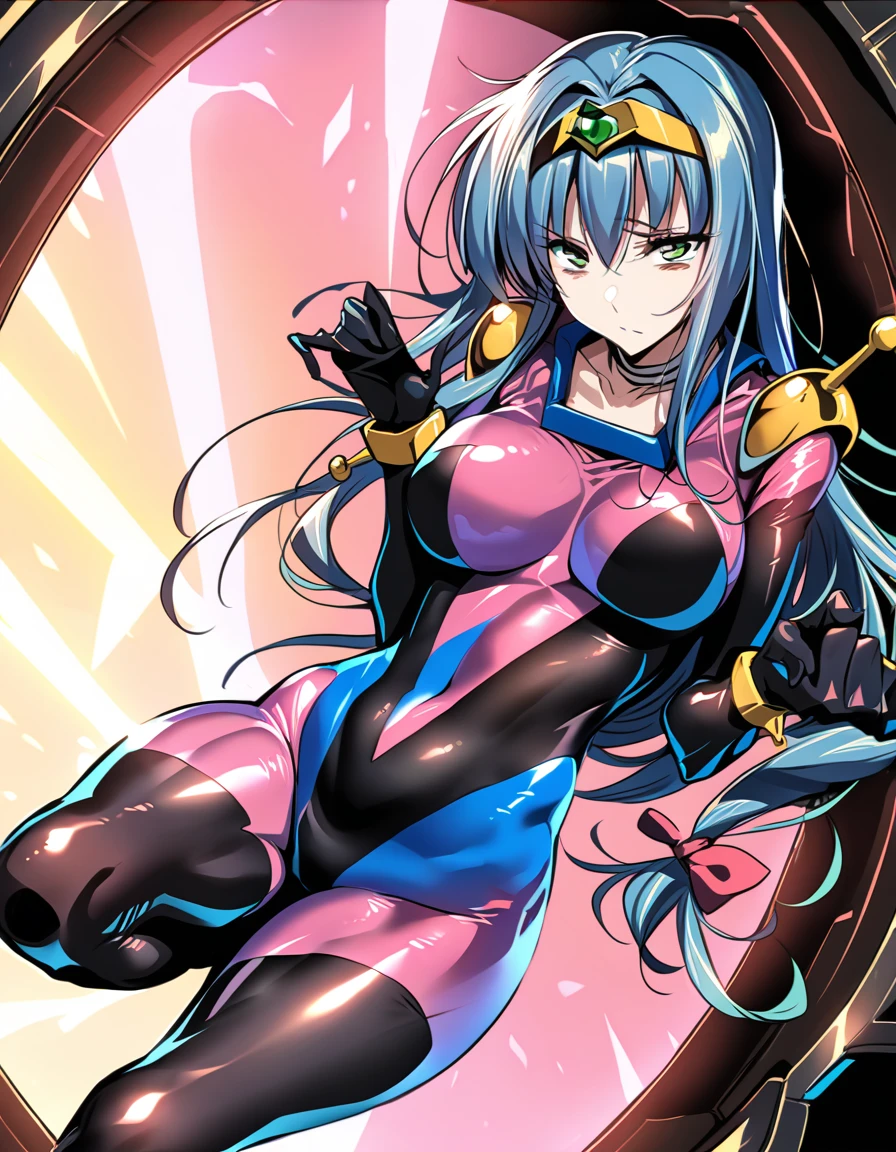 Neck ribbon,Perfect hands, Perfect Fingers,Perfect Anatomy, masterpiece, Best Quality,Anime Style, 16K HDR,(One girl:1.4), ,Blue Hair, Straight Long Hair,mobile trace suit, shoulder armor(Red and blue bodysuit:1.4),Sexy pose, whole body, cockpit,(Emotionless:1.6,Rape Eyes:1.5),Metal Color,Large Breasts,Service Collar