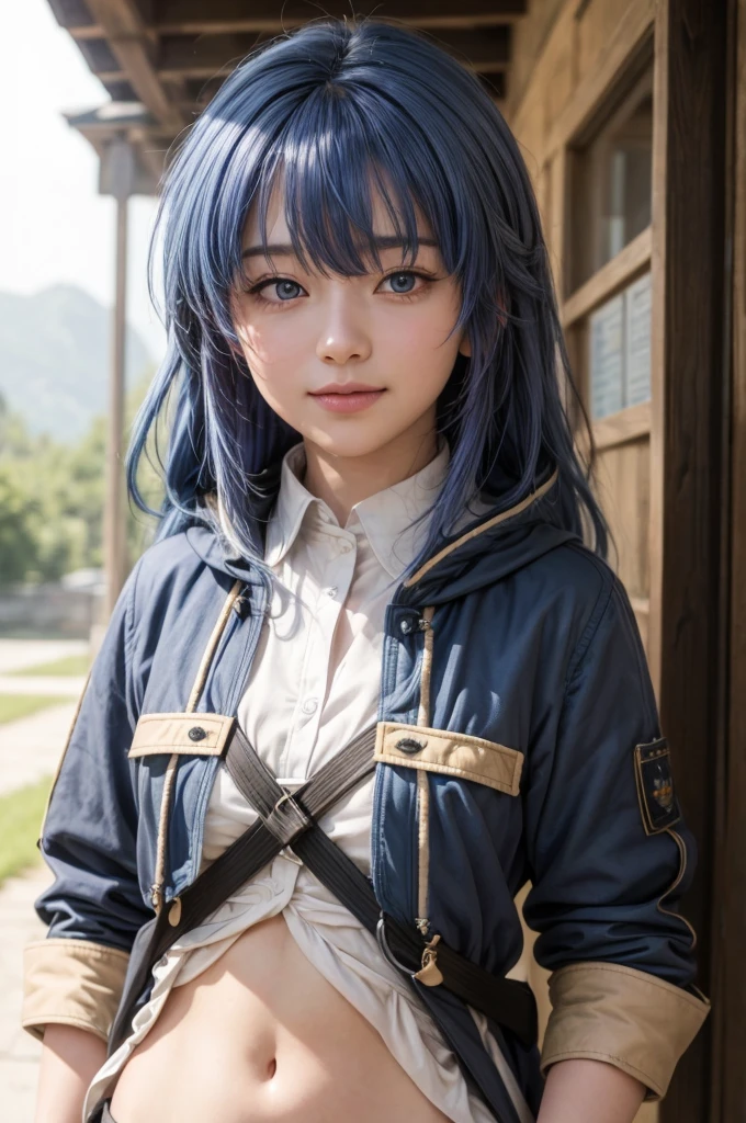 masterpiece, best quality, (realistic,photo-realistic:1.4), (RAW photo:1.2), extremely detailed CG unity 8k wallpaper, delicate and beautiful, amazing,finely detail, official art, absurdres, incredibly absurdres, huge filesize, ultra-detailed,extremely detailed eyes and face,light on face,hinata,(little smile),(blue hair:1.4),(long hair:1.3),(wearing coat:1.5),(nature backgrouund:1.4),navel