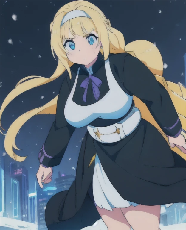 (best quality, 4k, 8k, anime girl, masterpiece)), (((beautiful extremely detailed face))), ((beautiful eyes)), cinematic lighting, perfect anatomy, ((alice synthesis thirty)), (((chubby))), (((black coat, skirt, JK uniform))), (full body view), ((blonde, glowing hair, very long hair, brade, white bandana)), neon lighting, (((ssbbw))), ((((wide waist)))), fully clothed, (lightning, snow, neon city), ((standing still)), ((low angle)),