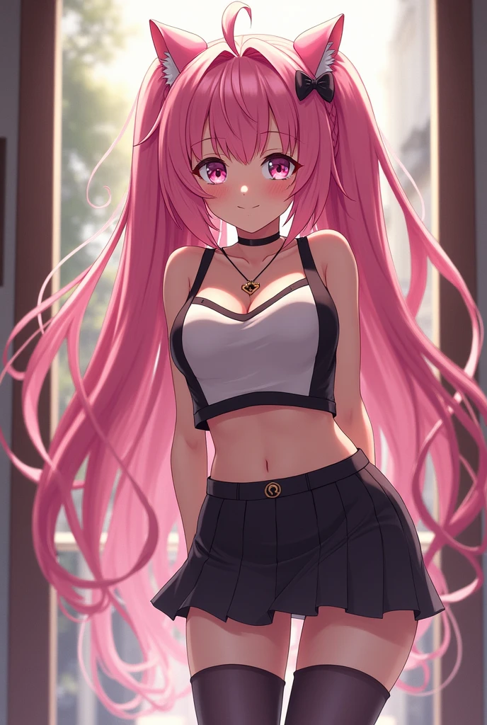 Girl, wearing an extremely short pleated skirt, frilly cami top, large breasts, , pink hair, long hair, large but, tummy shown, wet, panties shown