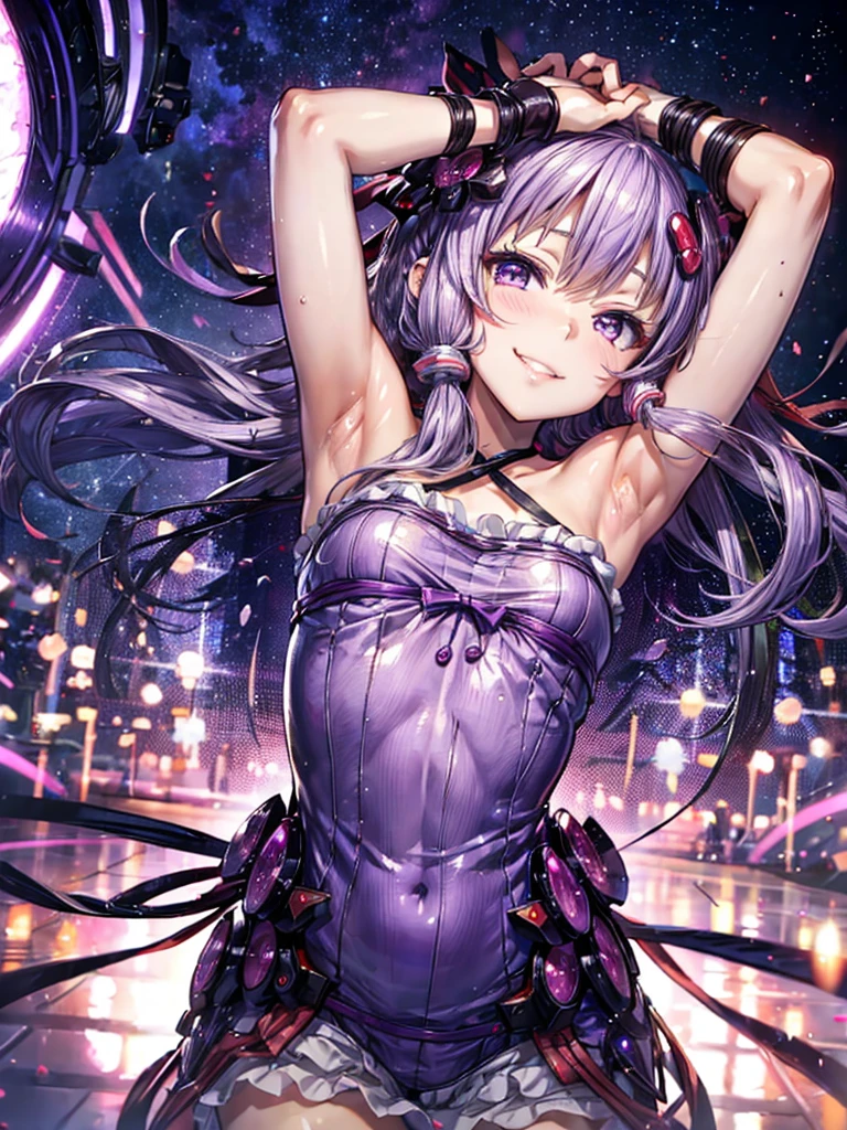 Detailed, yuzuki yukari, gloss Lips, Sexy lips, Look at, saliva, focus armpit, First-person view, spread armpit, look up, Seductive smile, Grin, Clothes that show your body lines,