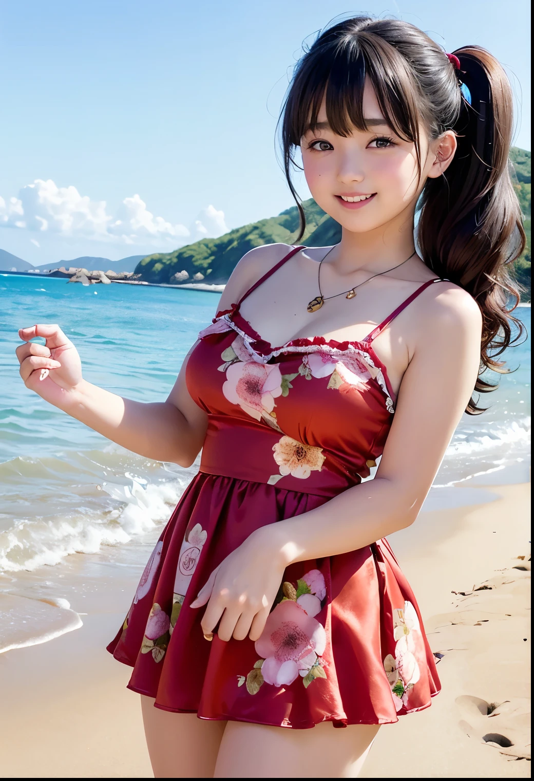 (Best Quality,masterpiece:1.3,Ultra-high resolution),(Very detailed、Caustics) (Realistic:1.4, RAW shooting、)Ultra-Realistic Capture、Very detailed、Natural skin texture、masterpiece、(A Japanese elementary school girl wearing a thin satin red floral dress:1.3)、Hair blowing in the wind、Adorable expression、Expression of joy、、height: 140cm、Baby Face、Pure girl、Amazingly cute、Twin tail hairstyle、Curly Hair、Ribbon、Black Hair、Large Breasts、Shining thighs、Shining Ass、necklace、Photo taken on the beach of Miyakojima、Background details、smile、Attractive gaze、(Anatomically correct)、Cowboy Shot、Attention to detail、