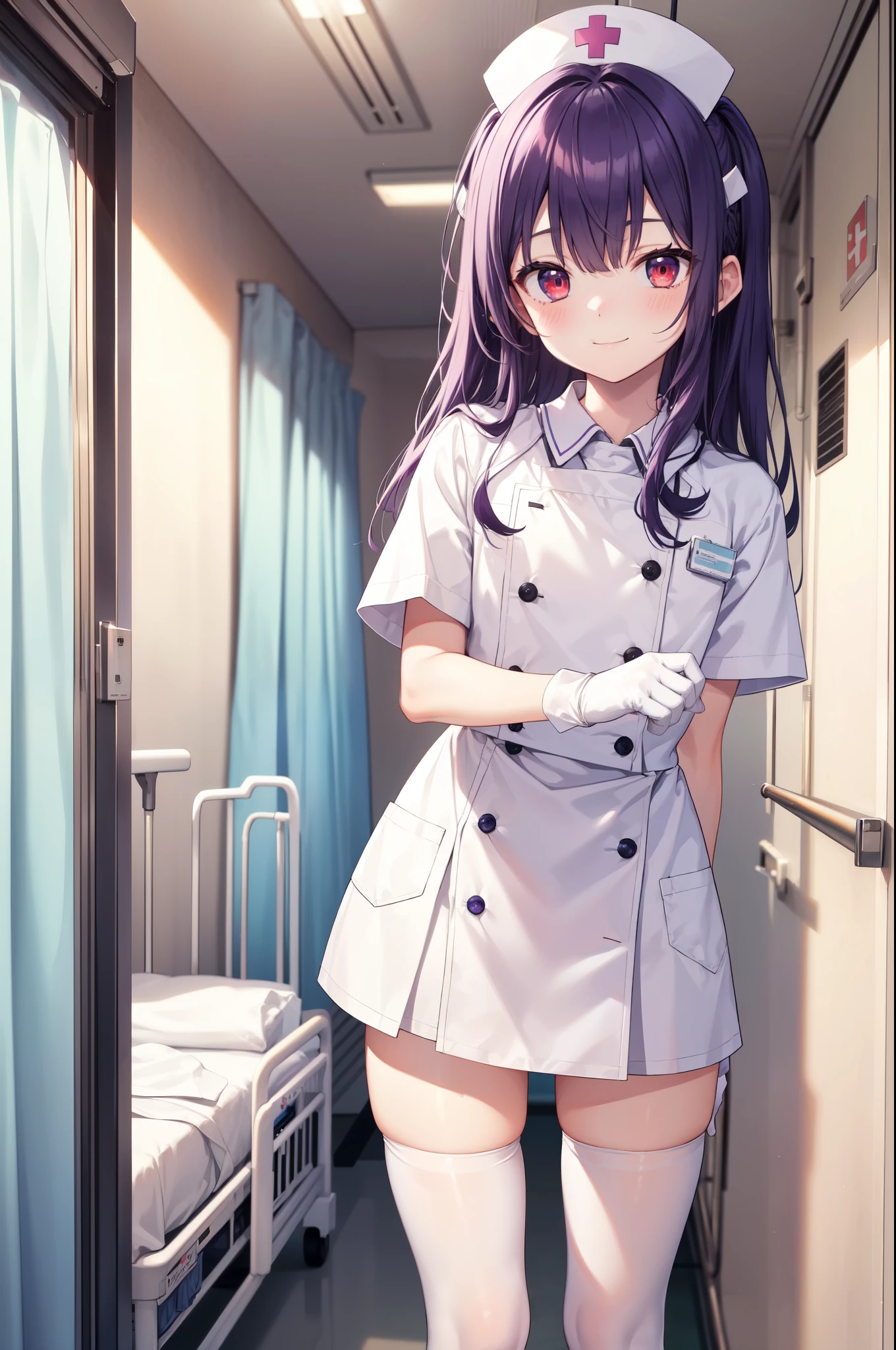 1boy, solo, male focus, nurse, white nurse cap, white nurse uniform, ((white legwear, zettai ryouiki)), white gloves, long hair, purple hair, red eyes, smile, standing, ((hospital room)), sharp outline, short sleeves, shota, , best quality, masterpiece